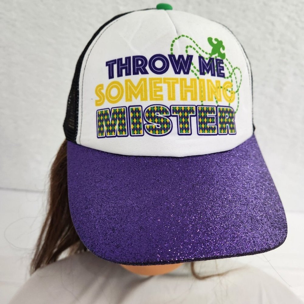 Mardi Gras Hat Throw Me Something Mister Purple Gold Green Adult Trucker